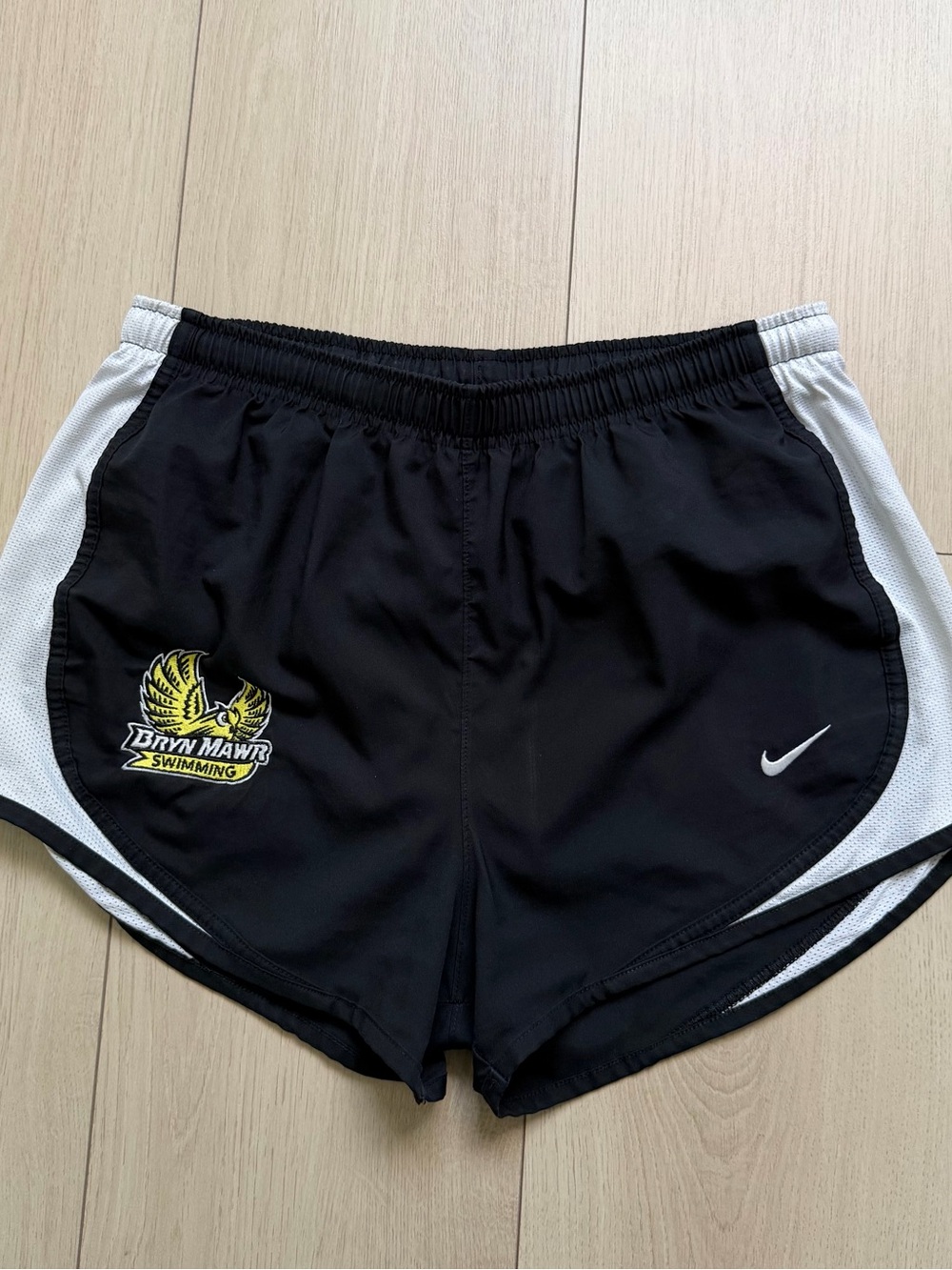 Nike Black Athletic Shorts with White Panels and Bryn Mawr Swimming Patch